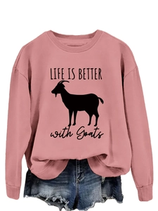 Detail of LIFE IS BETTER with Goats graphic on a mauve crewneck sweatshirt