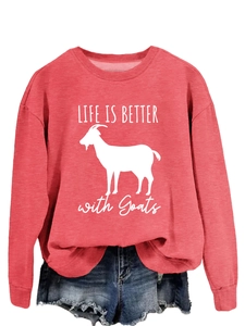 Detail of coral red crewneck sweatshirt with 'LIFE IS BETTER with Goats' white slogan print