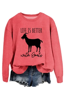 Detail of LIFE IS BETTER with Goats graphic on brick red crewneck sweatshirt