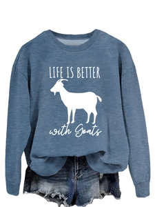 Detailed view of the goat graphic and LIFE IS BETTER print on blue casual sweatshirt