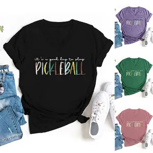 Maglietta da Donna Casual con Scollo a V e Manica Corta Stampa Lettere Pickleball in Misto Cotone Vestibilità Larga Top Sportivo Estivo