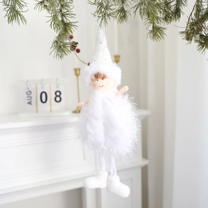 White plush angel doll Christmas tree ornament with knit hat and sequin dress decor