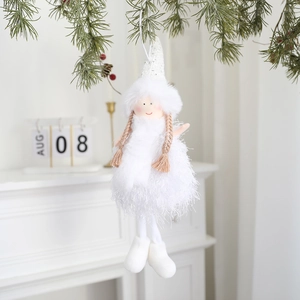 Detail of white Christmas angel doll ornament with sequined hat and feather skirt hanging