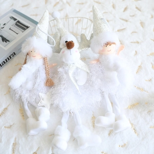 Three white Christmas angel dolls with silver sequins and faux fur for tree decoration