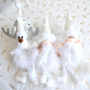 Three white angel girl and reindeer plush Christmas tree ornaments with sequins