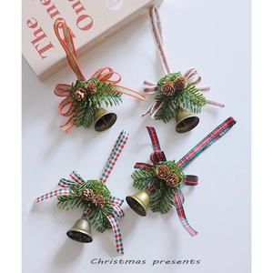 Set of four vintage Christmas bell ornaments with pine cones and checkered ribbons