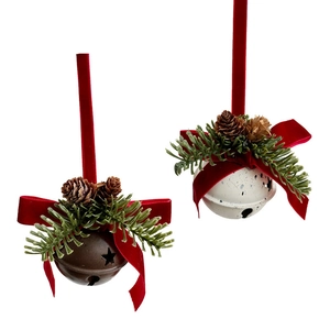 Christmas bell pendants with red velvet bows, pine cones, and greenery on white background