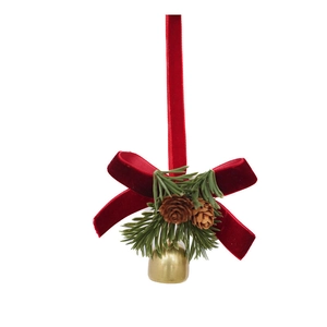 Decorazione natalizia con campanello d'oro, fiocco di velluto rosso, pigne e aghi di pino