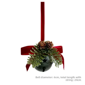 Christmas star bell with red velvet bow pinecones and green pine needles on white background