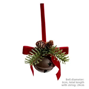 Christmas bell ornament with red bow, pine cones, and 6cm star-cutout metal bell detail