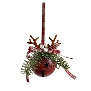 Close-up of red vintage Christmas bell with deer antlers, pine needles and checkered bow