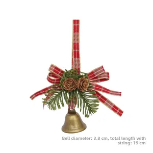 Detail of Christmas bell ornament with pine cones and red bow, total length 19cm