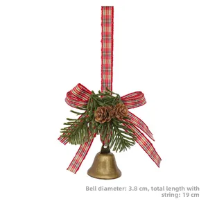 Detail of Christmas bell ornament with pine cones, red plaid bow, and green needles