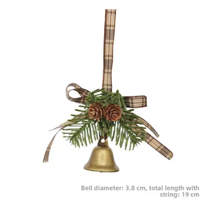 Christmas bell ornament with pine cones and plaid ribbon, diameter 3.8cm, length 19cm