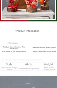 Size chart for New Year red berry fortune tree ornament with dimensions and materials