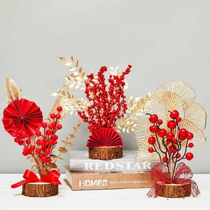 Árbol De La Fortuna Año Nuevo Chino Adorno Escritorio Bayas Rojas Hoja Ginkgo Oro Abanico Decorativo Con Base Madera