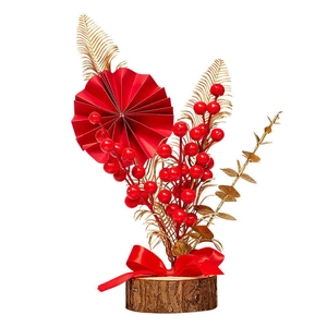 Decoración de mesa Año Nuevo Chino con bayas rojas, hojas doradas y adorno de abanico rojo