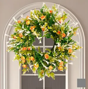 Ghirlanda Di Fiori Selvatici Artificiali Plastica Raso Foglie Verdi Rose Arancioni Porta Dingresso Decorazione Primavera Estate