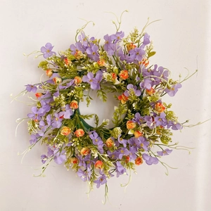 Artificial Flower Wreath Lavender Purple Orange Rose Buds Green Leaves Floral Garland For Front Door Wall Home Decor