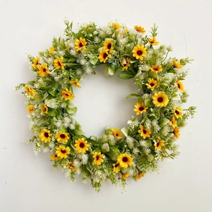 Artificial Sunflower Daisy Wreath With Green Leaves Plastic Floral Door Decoration Spring Summer Farmhouse Style