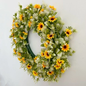 Spring artificial sunflower wreath with green leaves and small white flowers for front door decor