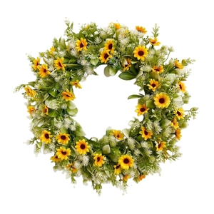 Vibrant artificial sunflower wreath with daisies and green leaves for front door decor