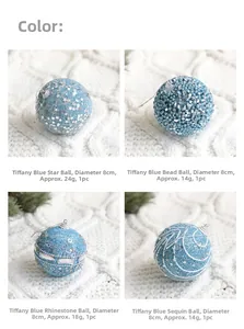 Detail of 8cm light blue Christmas ornaments with sequins, beads and rhinestones
