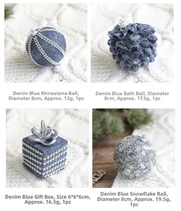 Detail view of denim blue Christmas ornaments with glitter, sequins, and ribbed textures