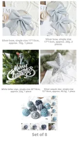 Detailed views of silver bowknots, white Christmas sign and glittery blue tree ornaments
