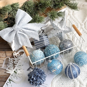 Christmas Tree Hanging Ornaments Blue Silver Glitter Foam Balls Bow Star Tree Topper Holiday Decoration