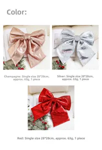 Detail showing 28x28cm Christmas glitter bows in champagne, silver and red color options