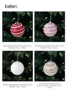 Close-up of 8cm glittered spiral Christmas balls with pearls in four elegant colors