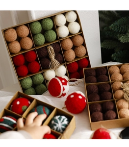 Detailed view of handcrafted wool felt Christmas balls with festive patterns in a gift box