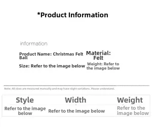 Size chart and technical specifications for handmade felt Christmas ball ornaments