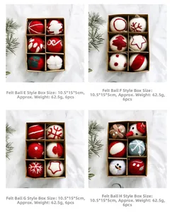 Detailed view of handmade wool felt Christmas balls with festive patterns in a gift box