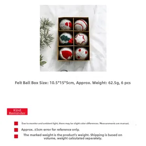 Detailed macro of 6pcs wool felt Christmas ornaments with star motifs in a gift box