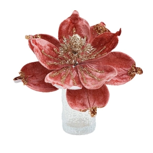 Rosa Samt-Magnolienblume mit Goldpailletten zur Weihnachtsbaumdekoration und Schmuck