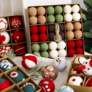 Handmade Christmas Wool Felt Ball Ornaments Set Snowflake Snowman Gingerbread Man Hanging Decorations For Festival Party Decor