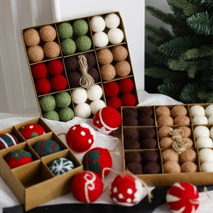 Christmas wool felt ball set with mixed patterns in a kraft gift box for tree decor