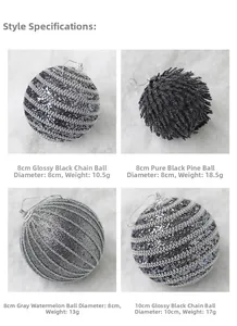 Detailed view of assorted black and grey Christmas ornaments with glitter and pine textures