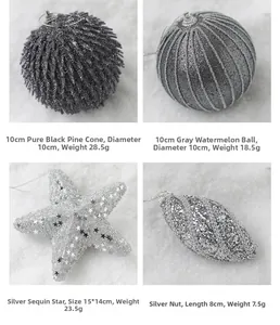 Detail view of four festive Christmas ornaments including grey stripes and silver sequins
