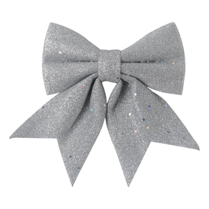 Elegant silver glitter Christmas bow ornament with shimmering texture for tree decoration