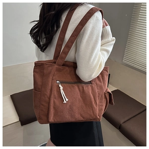 Détail d'un sac cabas en velours côtelé marron avec poche latérale et nœud en coton sur zip