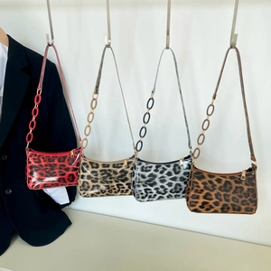 Glossy leopard print shoulder bags with decorative metal chain straps in four colors