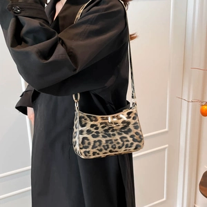 Glossy leopard print shoulder bag for women with chain strap and sleek patent finish