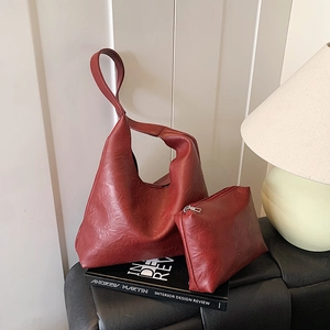 Vintage burgundy leather hobo bag set with matching pouch and large shoulder strap