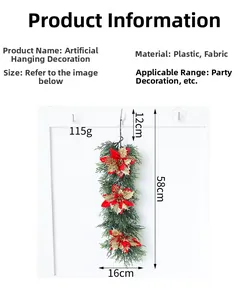 Detailed view of artificial Christmas teardrop swag with red poinsettia and dimensions