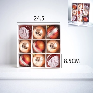 9-piece set of festive Christmas ornaments in a white box with detailed size dimensions