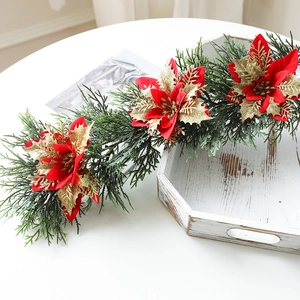 Artificial Christmas Poinsettia Swag Garland With Pine Needles Glitter Flowers For Front Door Wall Window Hanging Decoration Holiday Party Home Decor