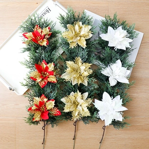 Three assorted glitter poinsettia branches with pine needles for Christmas decoration